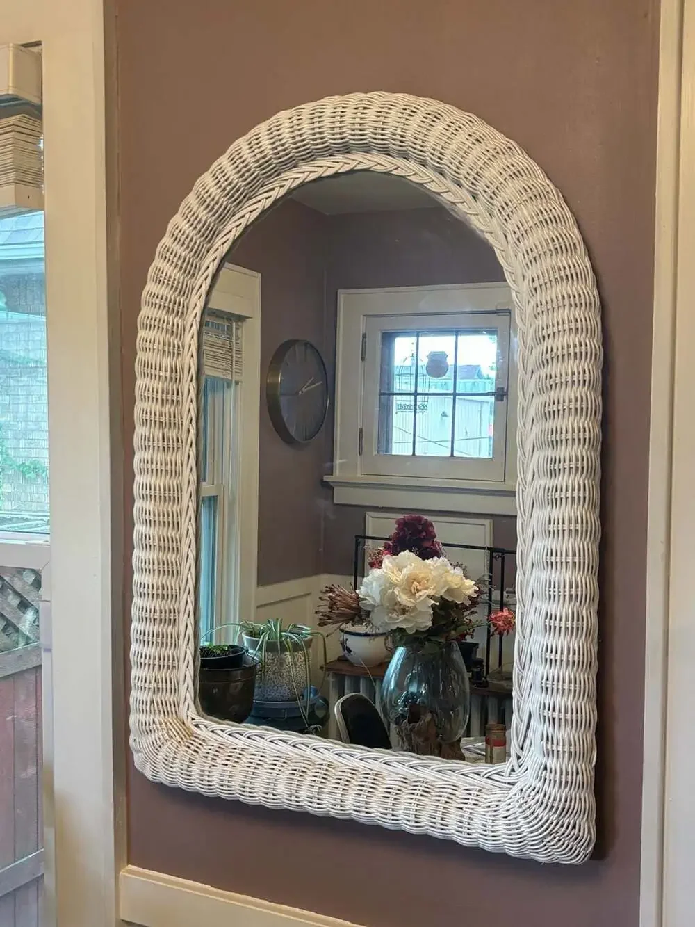 Vintage Arched White Wicker Wall Mirror